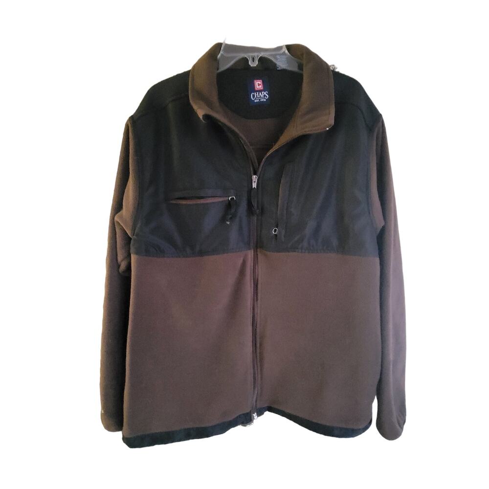 Men XL/TG Brown Black Fleece Jacket Chaps Zip 4 Pocket‎ Chest and Hand areas.